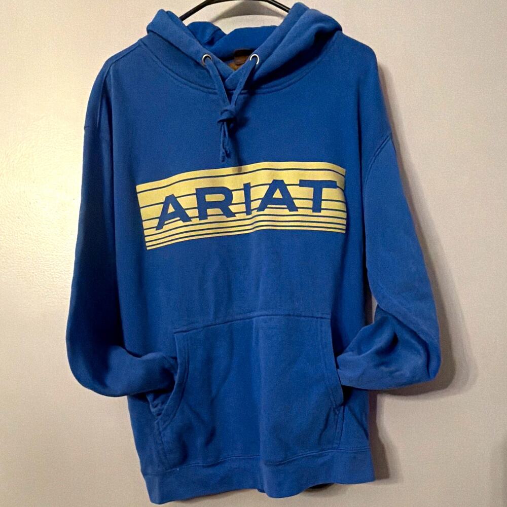 Ariat Men’s Blue Fleece Pullover Hoodie Graphic Logo Pocket Hooded Sz L